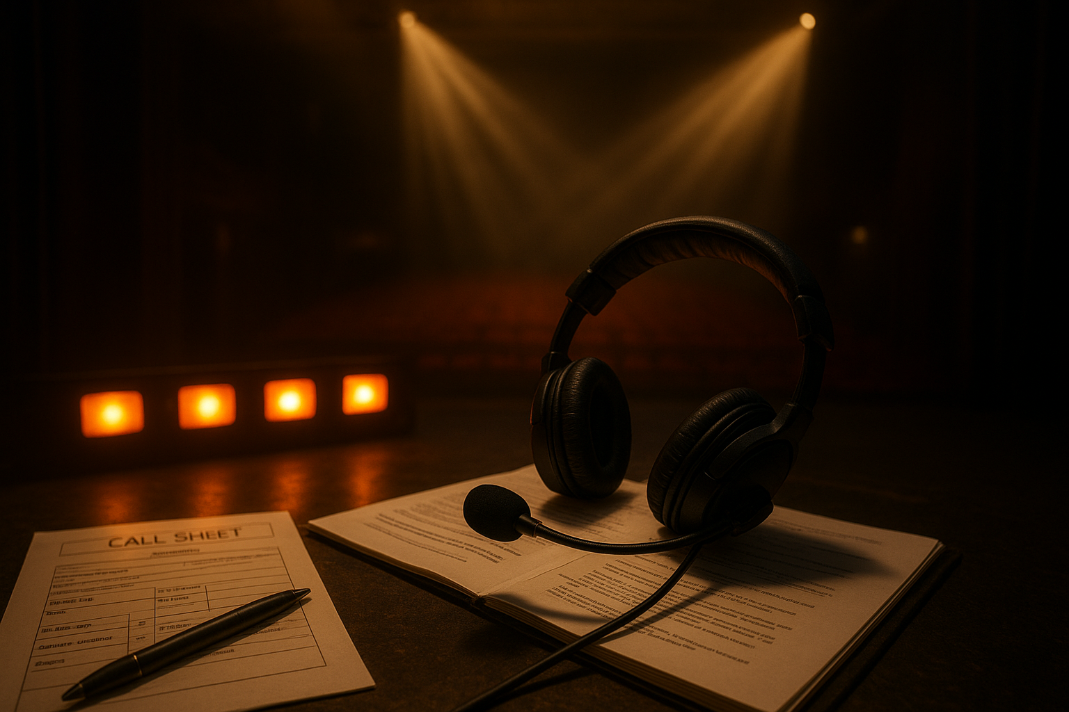 SM desk with headset, script and call sheet